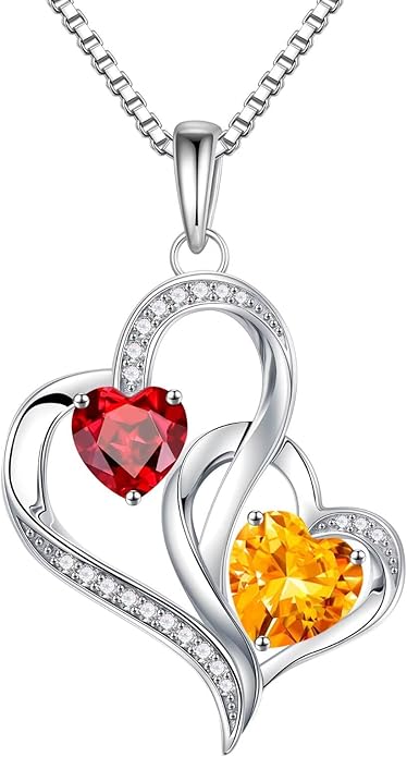 Iefil Christmas Gifts for Women - Double Heart Birthstone Necklace, 925 Sterling Silver Heart Pendant Necklace, Anniversary Birthday Gifts for Women | Personalized Jewelry Gift for Wife Mom Girlfriend