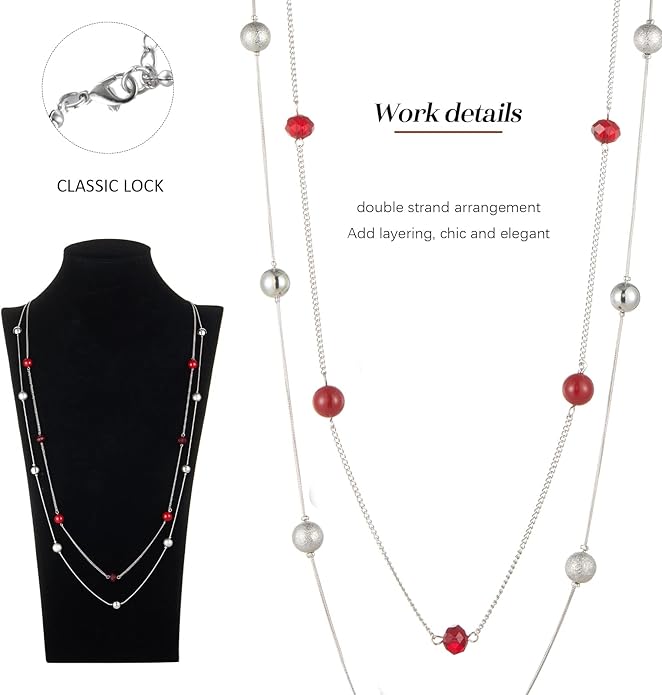 Silver Layered Long Necklace for Women Pearl Crystal Sweater Strand Chain Necklaces Fashion Gifts