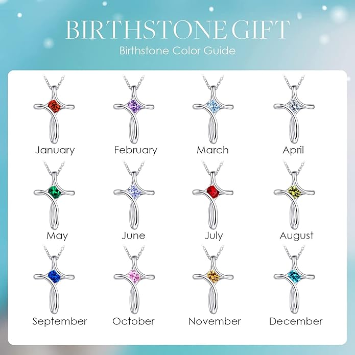 NINAMAID Cross Necklace for Women, 925 Sterling Silver Birthstone Necklace for Women with Diamond Sideways Cross Necklaces Birthstone Jewelry Birthday Gifts for Womens