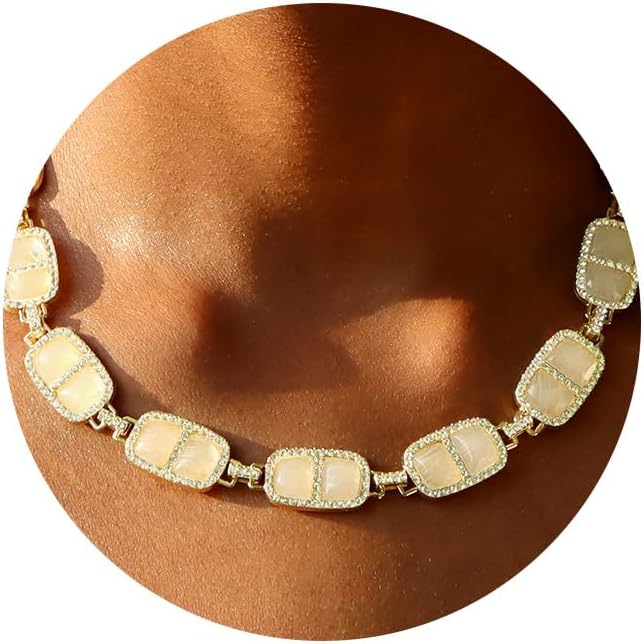 Chunky Necklace for Women 12 Colors Diamond Stone Gold Statement Necklace for Women Full Trendy Blue Birthstone Choker Necklace for Women Square Design Necklace Jewelry