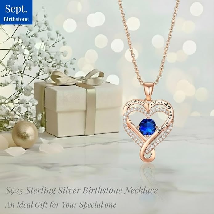 Birthstone Infinity Heart Necklace for Women Wife Girlfriend Mom Daughter Gifts S925 Silver Jewelry For Anniversary Rose Gold Gifts For Birthday Christmas Mothers Valentines Day
