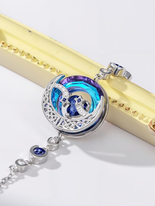 TOUPOP Birthstone Bracelet Moon and Star Bracelet 925 Sterling Silver Blue Crystal Jewelry Birthday Christmas Gifts for Women