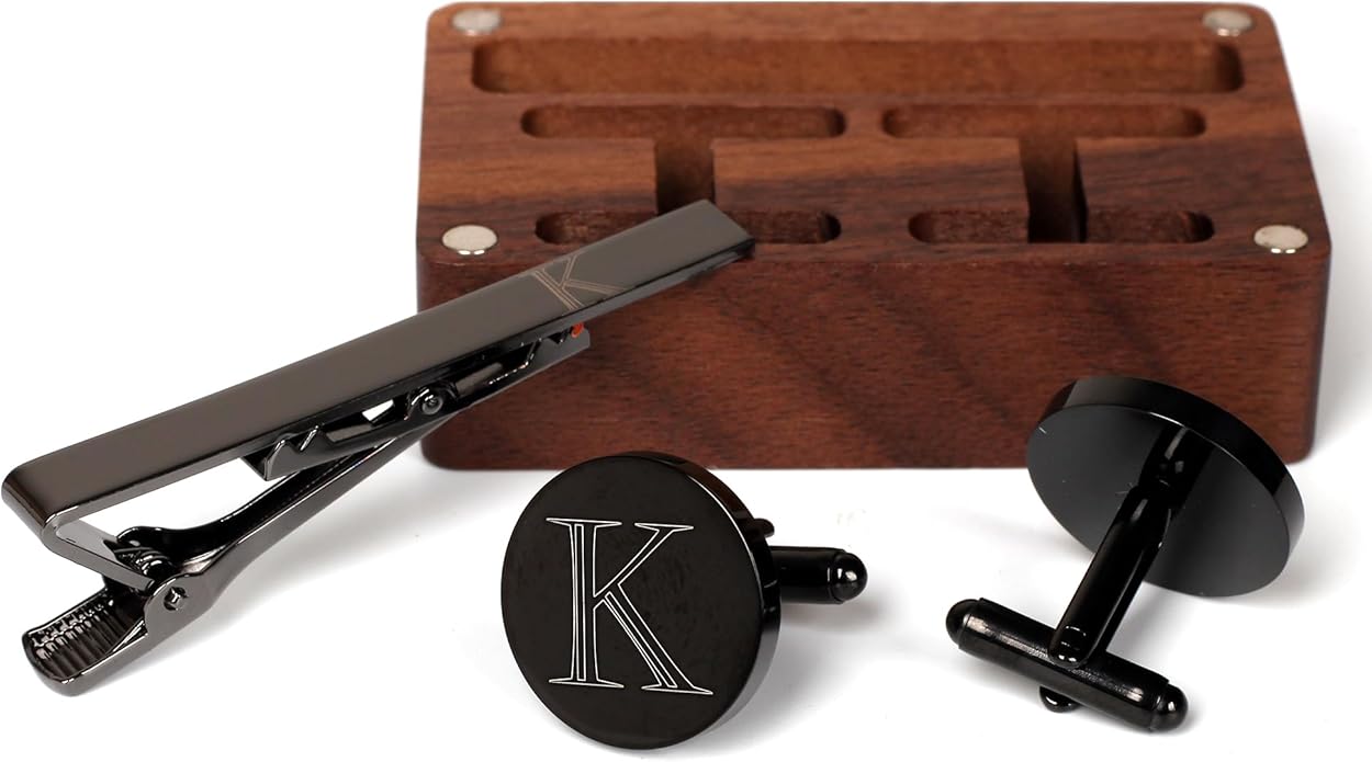 Mens Initial Cufflinks and Tie Clip A-Z Alphabet Letter Black Stainless Cuff Links Tie Bar with Engraved Walnut Wood Box Groom Groomsman Wedding Set