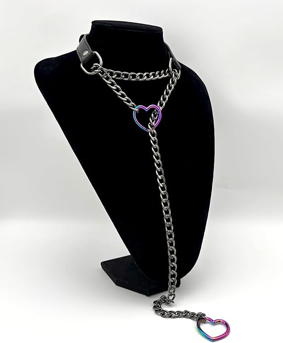 Black Leather Choker Collar For Women, Handmade Heart Slip Chain Choker Long Necklace with Adjustable Buckle
