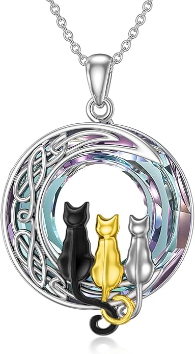 TOUPOP Christmas Cat Gifts for Cats Lovers One Two Three Four Cats Necklace Sterling Silver Cats on the Moon Pendant Necklace with Blue Circle Crystal Birthday Christmas Celtic Jewelry Gifts for Women