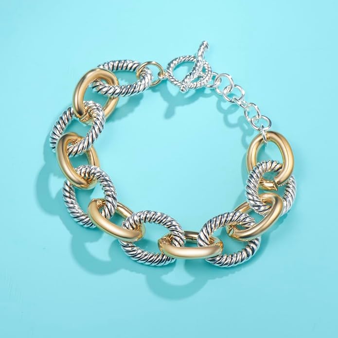 UNY JEWEL Twisted Cable Wire Link Chain Bracelet Two Tone Designer Brand Inspired Women Jewelry Valentine (2 Tone)