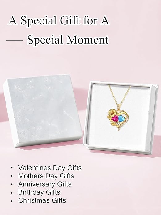 Sunflower Heart Necklace for Women 14K Gold Exquisite Anniversary Birthday Gifts for Wife Mother Her Double Birthstone Pendant jewelry‘You Are My Sunshine’
