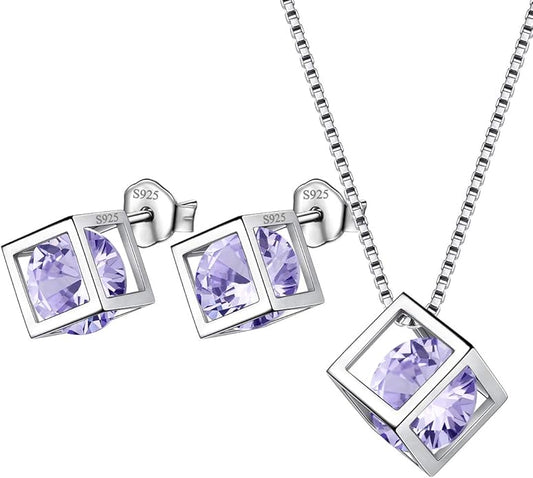 Aurora Tears Birthstone Necklace/Earring 925 Sterling Silver Women Cross/3D Cube/Cresent Moon Birth Stone Jewelry Mens Birthday Gift Anniversary Present
