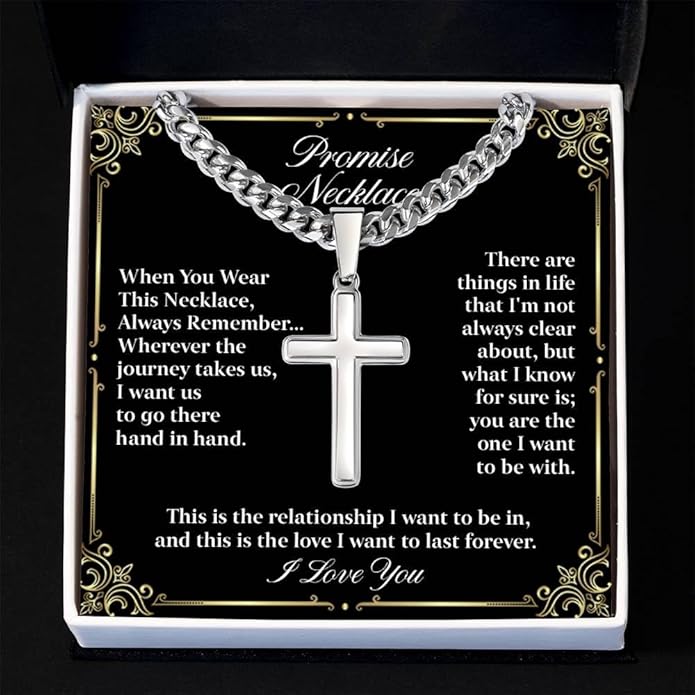 GLAVICY Promise Cross on Cuban Necklace For Him, Sentimental Gift for Husband, Boyfriend, Man with Message Card and Box, Promise Jewelry on Birthday, Valentine Day