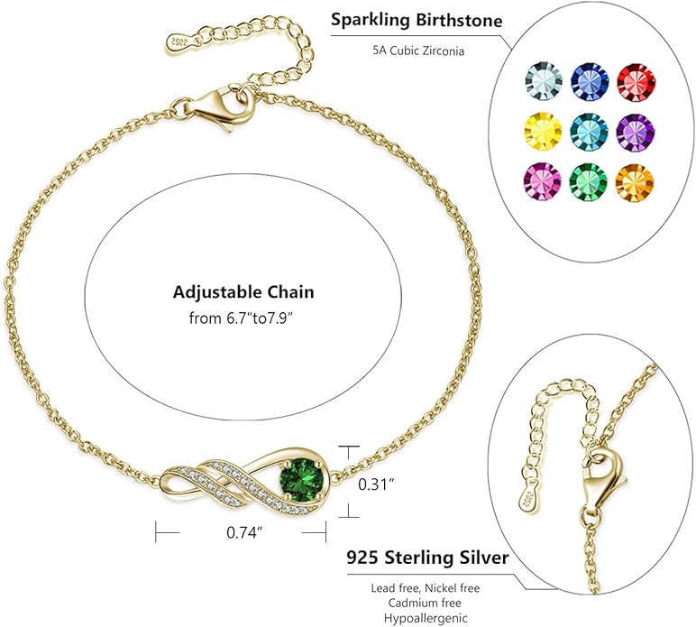 Birthstone Bracelets for Women 925 Sterling Silver Created Gemstone Bracelet Infinity Pendant Jewelry for Her, 6.7"+1.2"