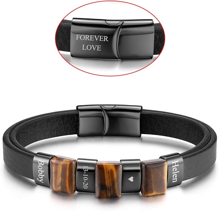 Leather Beads Bracelet Personalized Custom Bracelets for Men Leather Engraved Tiger Eye Initial Beacelet Gift for Husband Dad Mens Jewelry Gifts Valentines Christmas Birthday Fathers Day