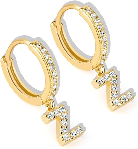 18K Gold Filled Initial Dangle Hoop Earrings for Women, 1 Pair CZ Hypoallergenic Alphabet Letter A-Z Drop Dangle Dainty Gold Earrings, Small Huggie Hoop Earrings with Cubic Zirconia Gifts Jewelry