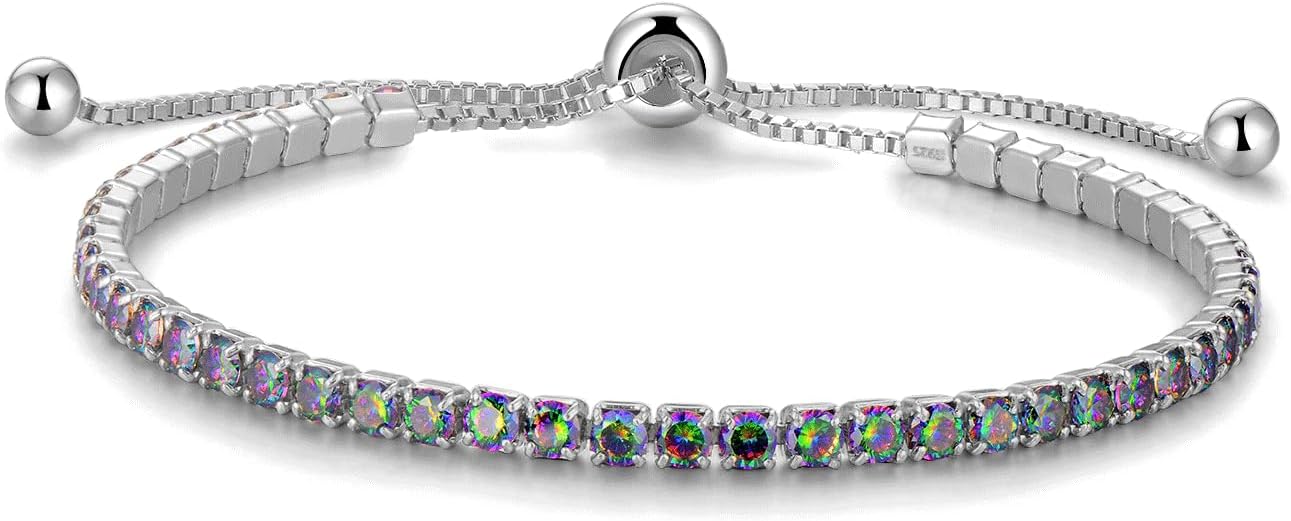 Sterling Silver Birthstone Tennis Bracelets for Women 2.5mm Tennis Bolo Bracelet Fashion Jewelry Birthday Gifts for Women Mom Wife | Adjustable Size 9"