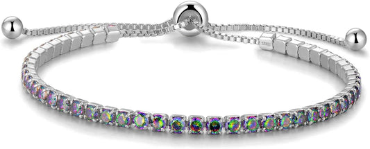 Sterling Silver Birthstone Tennis Bracelets for Women 2.5mm Tennis Bolo Bracelet Fashion Jewelry Birthday Gifts for Women Mom Wife | Adjustable Size 9"