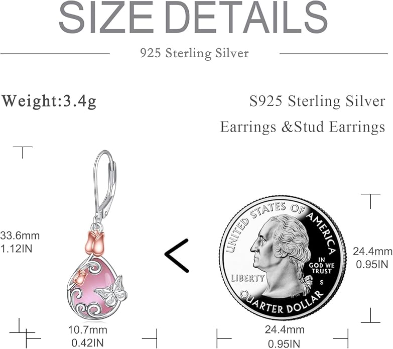 AOBOCO Butterfly/Dragonfly/Bee/Ladybug Leverback Earrings 925 Sterling Silver Rose Lotus Tulip Flower Filigree Dangle Earrings Teardrop Moonstone Larimar Turquoise Abalone Shell Jewelry Birthday Gifts for Women