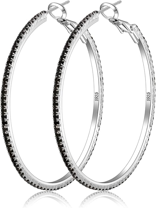 925 Sterling Silver Earrings Large Rhinestone Hoop Earrings Big Cubic Zirconia Hoop Earrings Thin Rhinestones Round Hoop Earrings for Women 20/30/40/50/60/70mm Sparkly Hoops With Crystals for Womens