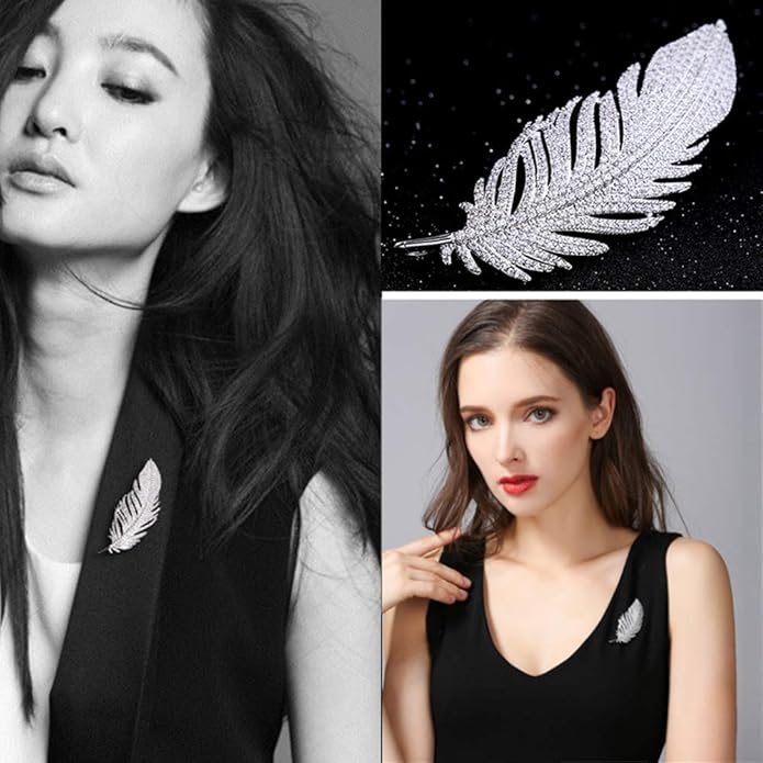 Rhinestone Feather Brooches Pin for Women Men Fashion Crystal Delicate Leaf Brooch Lapel Pins Elegant Dress Accessories Jewelry Boutonniere Corsage for Hat Bag Suit Tie Wedding Birthday
