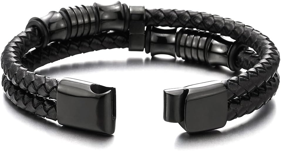 COOLSTEELANDBEYOND Mens Double-Row Braided Leather Bracelet Bangle Wristband with Stainless Steel Ornaments