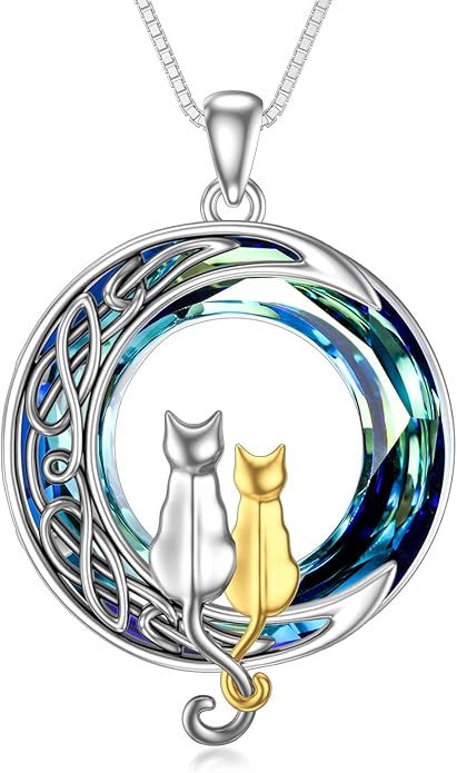 TOUPOP Christmas Cat Gifts for Cats Lovers One Two Three Four Cats Necklace Sterling Silver Cats on the Moon Pendant Necklace with Blue Circle Crystal Birthday Christmas Celtic Jewelry Gifts for Women