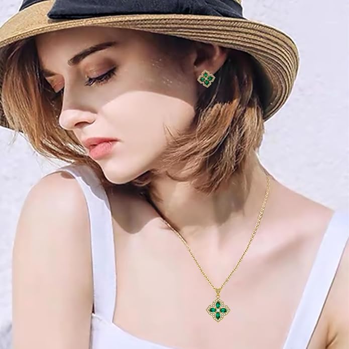 VONSSY Four Leaf Clover Necklace Earrings Shamrock Irish ST Patricks Jewelry Set Gift Green Emerald Zircon Crystal Stud 18k Gold Plated Chain Saint Pendant for Woman Wife Girlfriend