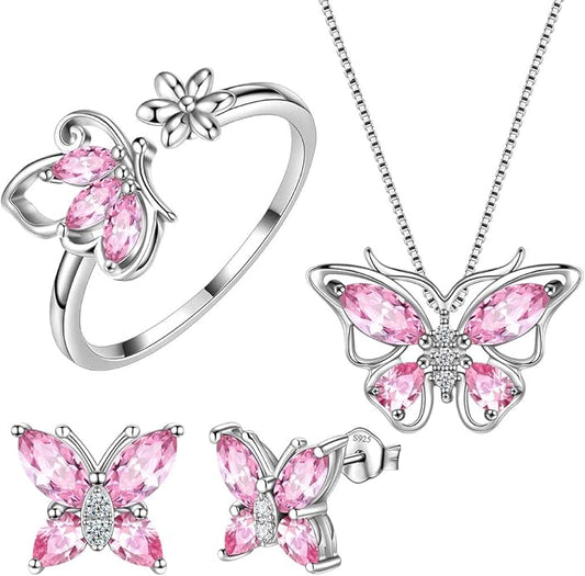 Aurora Tears Butterfly Jewelry,Women 925 Sterling Silver Butterflies Birthstone Pendant Necklace/Earrings/Rings Wedding Gift