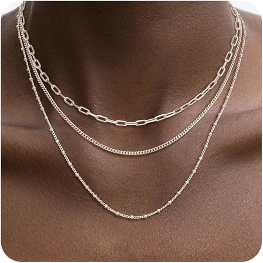 Layered Gold Necklace for Women Dainty 14K Gold/Silver Plated Stacked Necklace for Women Trendy Cuban Paperclip Herringbone Chain Diamond Pendant Necklaces Jewelry Set Accessories Gift