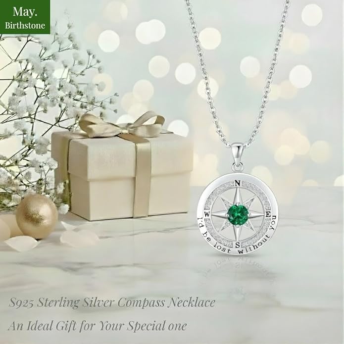 Compass Necklace for Women Wife Girlfriend Mom Daughter Gifts S925 Silver Jewelry For Anniversary Rose Gold Gifts For Birthday Christmas Mothers Valentines Day 12 Birthstones
