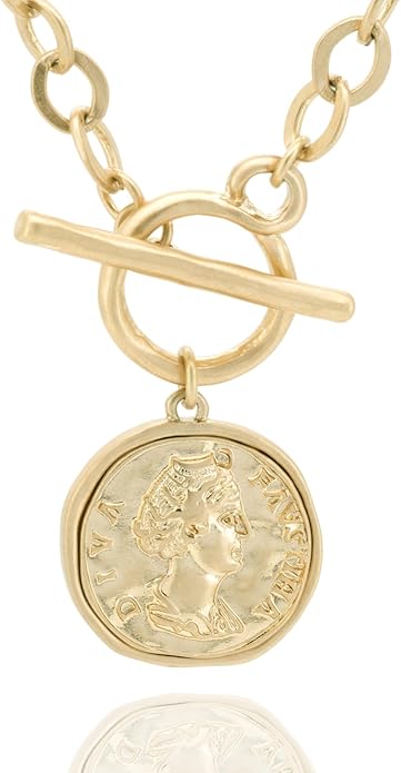 Chunky Gold Coin Pendant Necklace Trendy Layered Statement Chain for Women, Antique Toggle Design with Thick Link, Fashionable Necklaces for Women