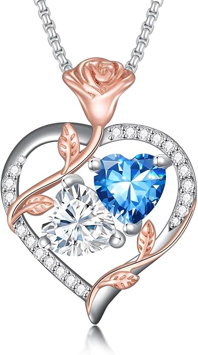 Christmas Gifts for Women Rose Heart Birthstone Pendant Necklace I Love You Forever Jewelry Valentine Mothers Day Birthday Gifts for Women Her Wife Girlfriend