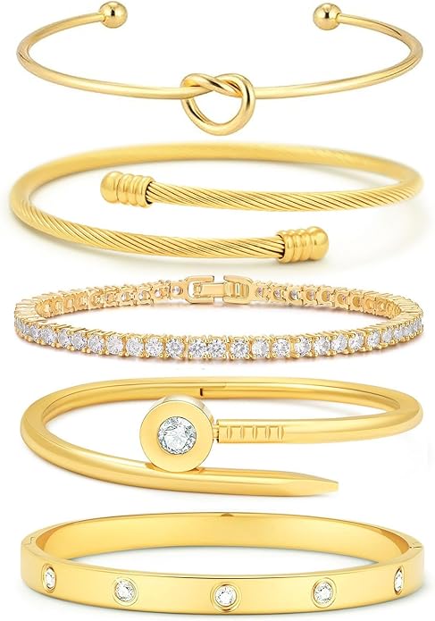 FAFUGA 18 K Gold Plated Love Bangle Bracelet Stack Cuff Jewelry for Women Jewelry Set for Women Gift with Box