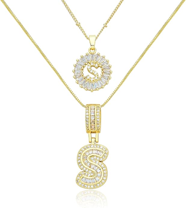 14K Gold Plated Initial Letter Pendant Necklace, Cubic Zirconia Crystal, Copper Chain