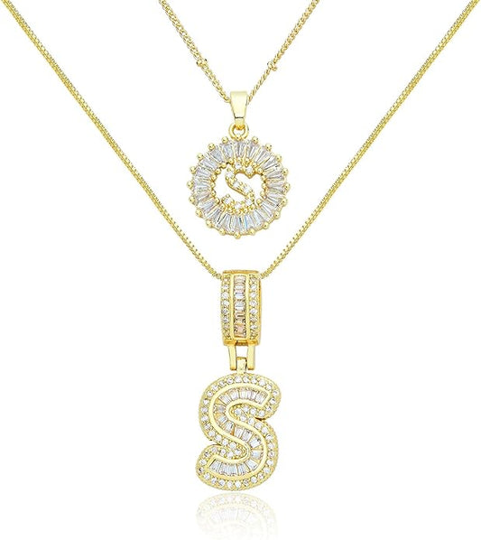 14K Gold Plated Initial Letter Pendant Necklace, Cubic Zirconia Crystal, Copper Chain