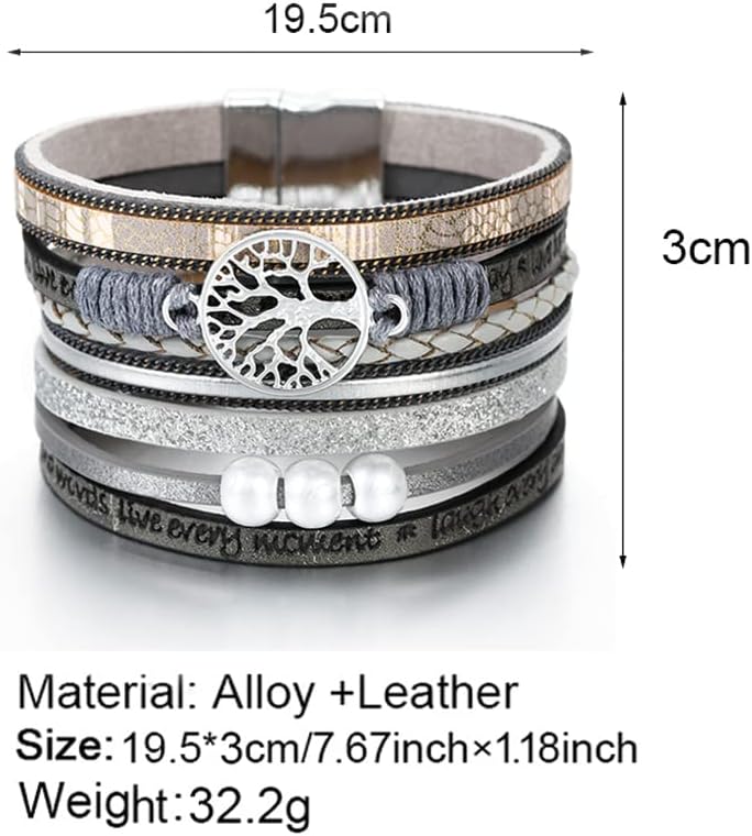 Fesciory Leather Wrap Bracelets for Women, Boho Leopard Multi-Layer Crystal Beads Cuff Bracelet Jewelry