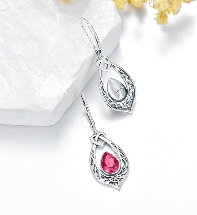 Celtic Knot Dangle Earrings 925 Sterling Silver Oxidized Vintage Drop Leverback Earrings with 8 * 6mm Simulated Birthstone Crystal Christmas Jewelry Gifts for Women (Gift Box)