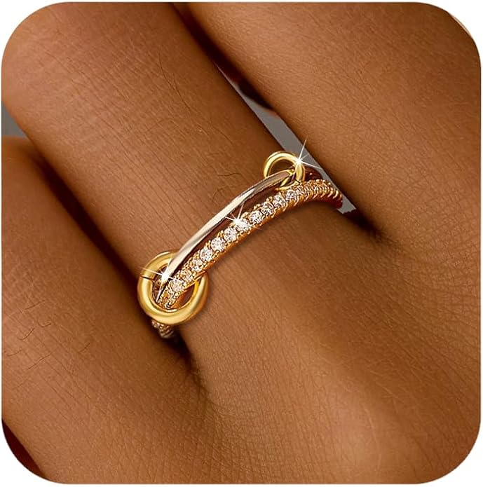 SUYACS 14K Gold Plated Interlocked Stackable Rings for Women Non Tarnish 925 Sterling Silver Mixed Metals Multi Statement Stack Ring Two Tone Connected Bands CZ Thumb Ring Jewelry Gifts