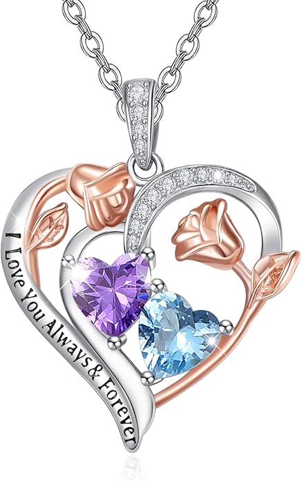 Zeuslia Double Birthstone Necklace Gifts for Wife - 925 Sterling Silver Sunflower/Rose/Crown Cross/Compass/Heart Pendant I Love You Necklace, Anniversary Birthday Gifts for Wife Girlfriend Mom Her