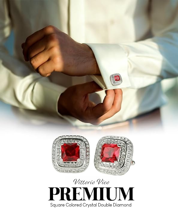 Vittorio Vico Square Colored Crystal Double Diamond Set Cufflinks