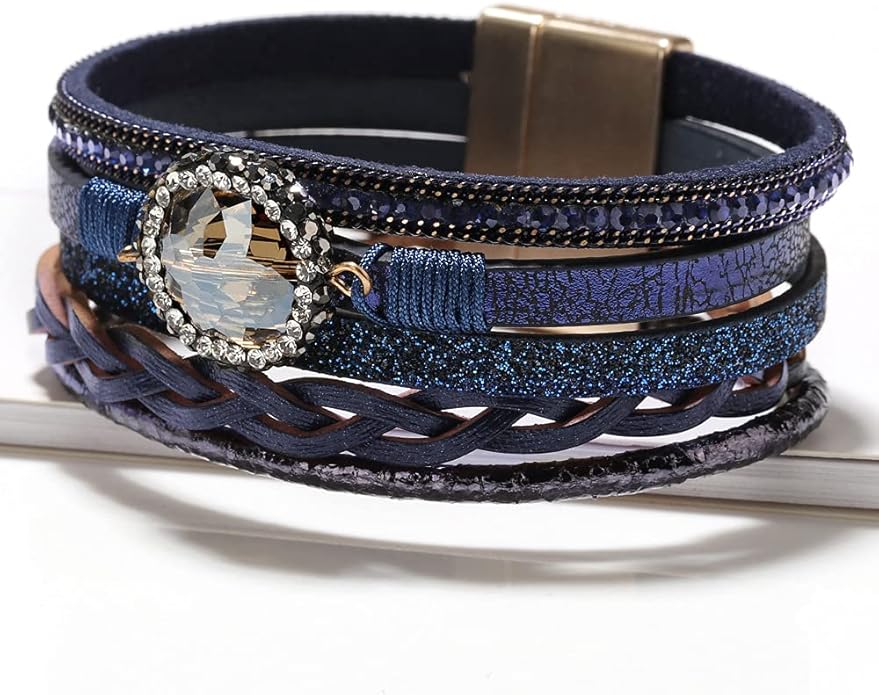 Fesciory Leopard Bracelet for Women, Boho Leather Wrap Multi-Layer Pearl Crystal Bracelet Bangle Jewelry