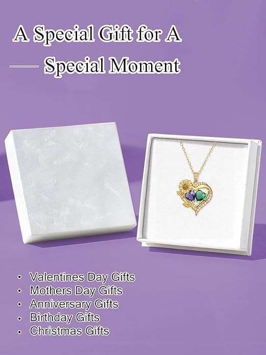 Sunflower Heart Necklace for Women 14K Gold Exquisite Anniversary Birthday Gifts for Wife Mother Her Double Birthstone Pendant jewelry‘You Are My Sunshine’