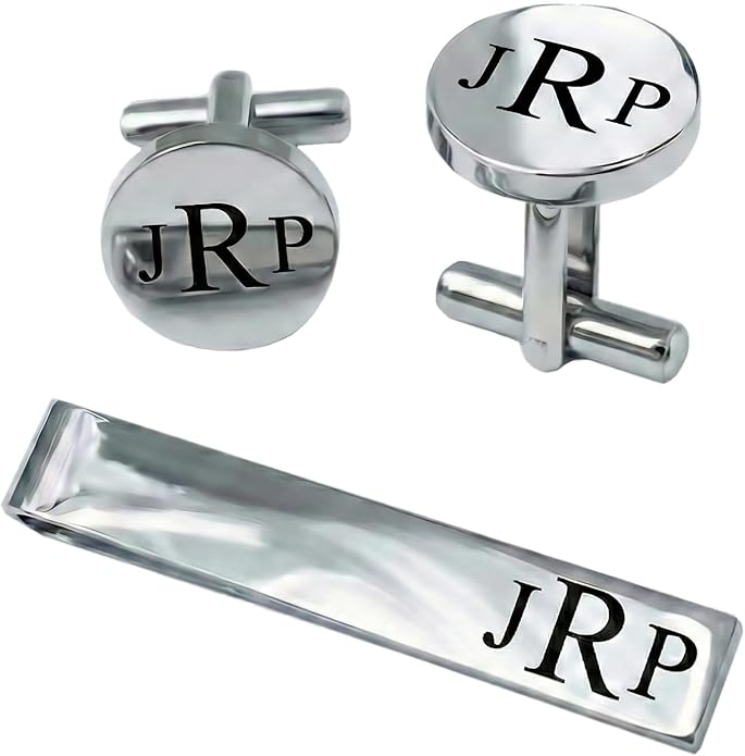 Custom Cuff Links & Personalized Tie Clip Gift Set for Men • Engraved Monogram, Date, Handwriting, Crest, Logo • Father's Day Gift for Dad • Gold, Silver, Black