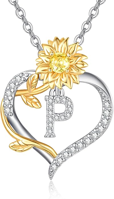 AENEAS Sunflower Initial Necklace for Women Gold Plated Sterling Silver Letter Heart Pendant Jewelry Gift for Mom Wife Birthday Anniversary Christmas
