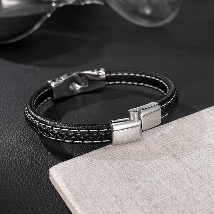 Italian Handmade Genuine Leather Bracelets for Men Stainless Steel Clip, Men's Casual Genuine Multi-layer Cuff Bracelet, Bracelet Gift for Real Men