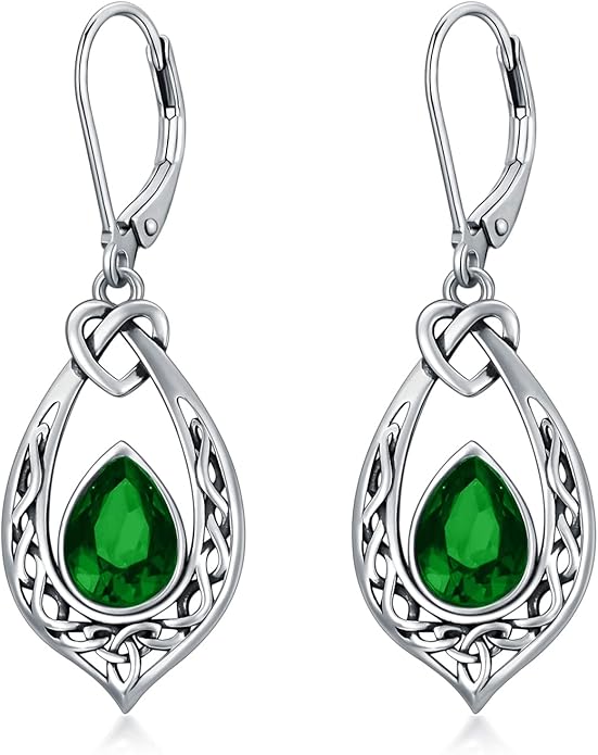 Celtic Knot Dangle Earrings 925 Sterling Silver Oxidized Vintage Drop Leverback Earrings with 8 * 6mm Simulated Birthstone Crystal Christmas Jewelry Gifts for Women (Gift Box)