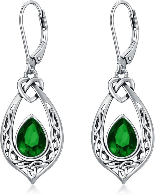 Celtic Knot Dangle Earrings 925 Sterling Silver Oxidized Vintage Drop Leverback Earrings with 8 * 6mm Simulated Birthstone Crystal Christmas Jewelry Gifts for Women (Gift Box)