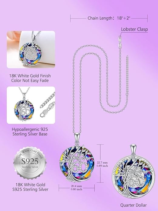 TOUPOP Birthday Gifts for Women 925 Sterling Silver Tree of Life Year Old Necklace Circle Crystal Jewelry Christmas Gifts for Her Wife Mom Mother Grandma Grandmother
