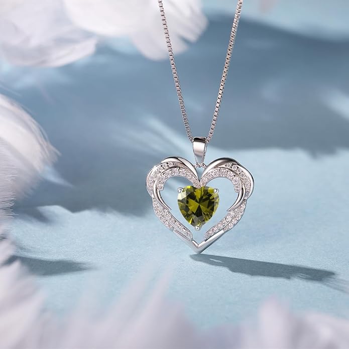 Heart Necklaces Valentine's Gift for Women, Birthstone 925 Sterling Silver Angel Wings Love Pendant Necklaces for Women, Jewelry Gifts for Wife, Anniversary, Mother's day