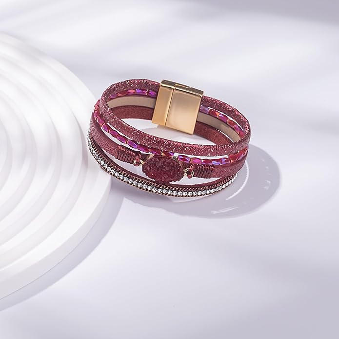 FANCY SHINY Leather Wrap Bracelet Boho Cuff Bangle Bracelets Crystal Bead Bracelet with Magnetic Clasp Jewelry Gifts for Women