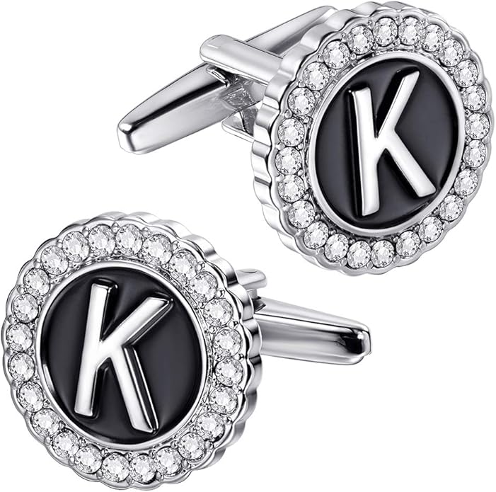 HAWSON A-Z Initial Cufflinks for Men and Women with Clear Crystal, Gold Silver Color Rasied Letter A-Z Cuff Links for French Shirt, Gift for Normal and Business Wearing