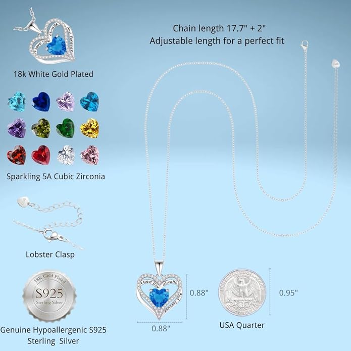 Birthstone Heart Necklace for Women Wife Girlfriend Mom Daughter Gifts S925 Silver Jewelry For Anniversary Rose Gold Gifts For Birthday Christmas Mothers Valentines Day