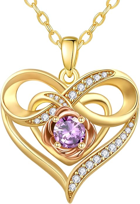 Infinite Heart Birthstone Necklaces for Women Gold Plated Pendant Wedding Anniversary Birthday Gift for Wife Her Mom Grandma Daughter Jewelry with Round Birthstone